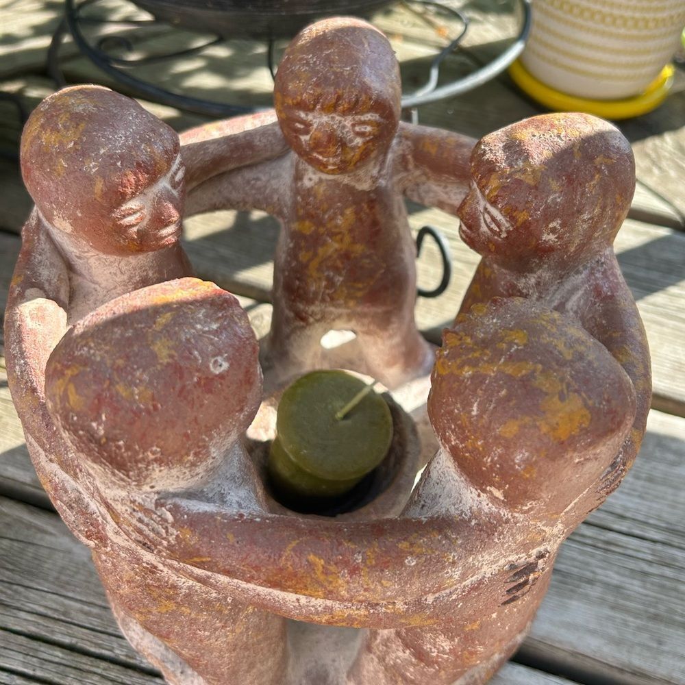 Vintage Terracotta Brown Circle of Friends Candle Holder Sculpture